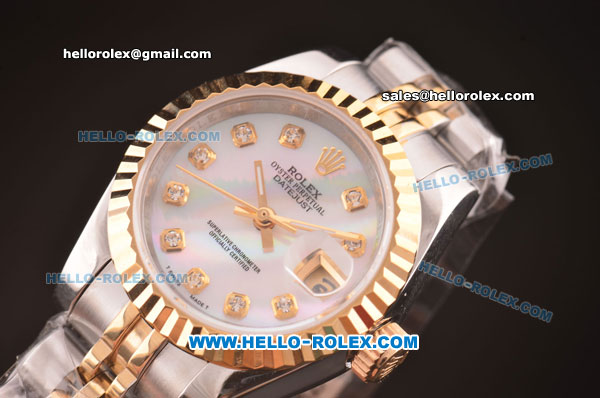 Rolex Datejust Ladies Swiss ETA 2671 Automatic Movement Two Tone Case with White MOP Dial and Diamond Markers - Click Image to Close